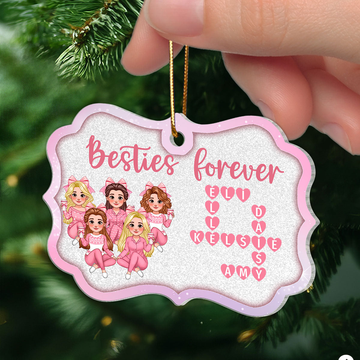 Besties Forever Pink Theme Heart Crossword Personalized Acrylic Ornament