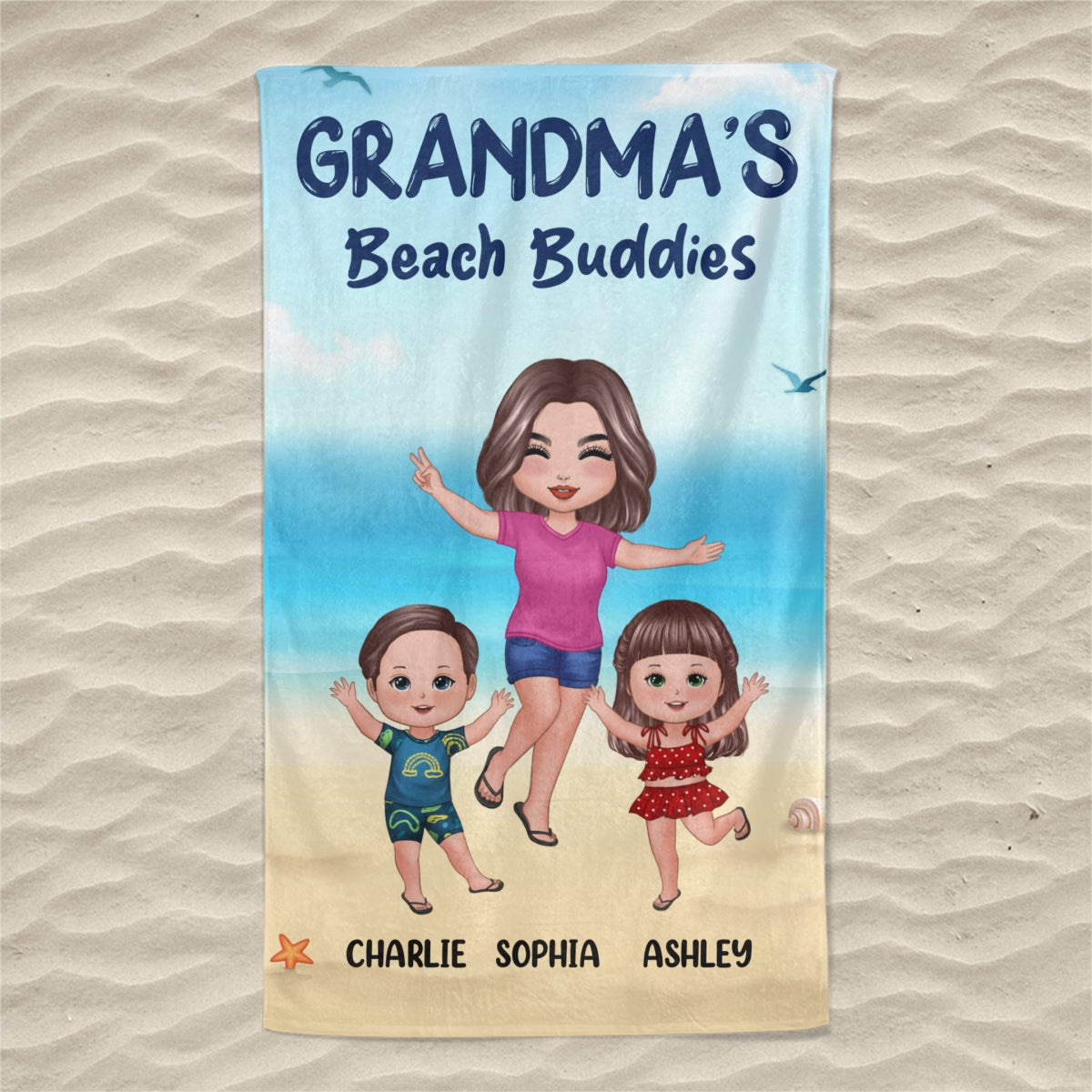 Grandma Mom Beach Buddies Happy Doll Grandma Mom And Kids On The Beach Personalized Beach Towel