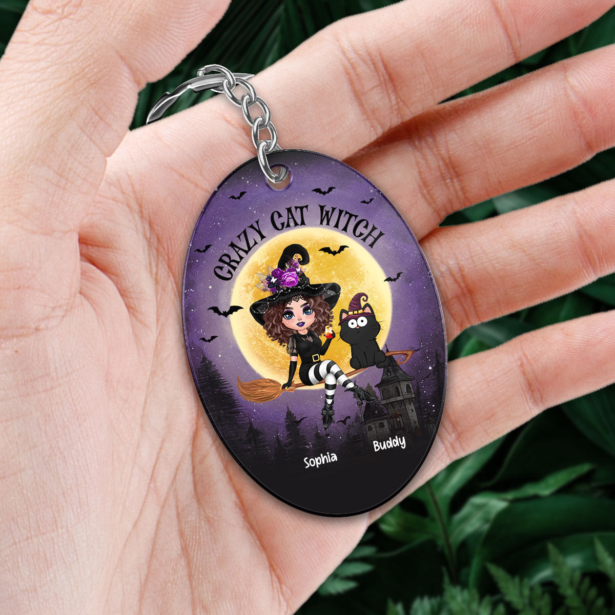 Halloween Flying Witch With Cats Personalized Acrylic Keychain