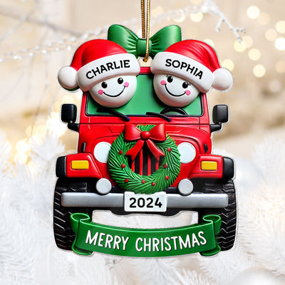 3D Effect Happy Couple On Christmas Car Personalized Acrylic Ornament