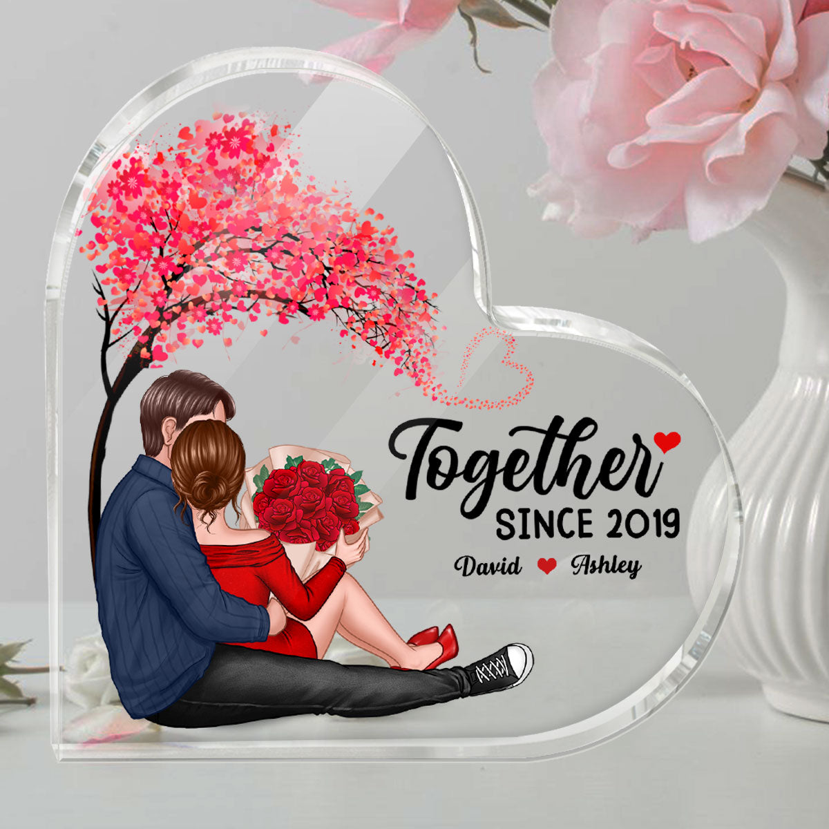 Couple Sitting Together Since Under Heart Tree Personalized Acrylic Heart Plaque - Valentine‘s Day Gift, Anniversary Gift For Her - Gift For Him