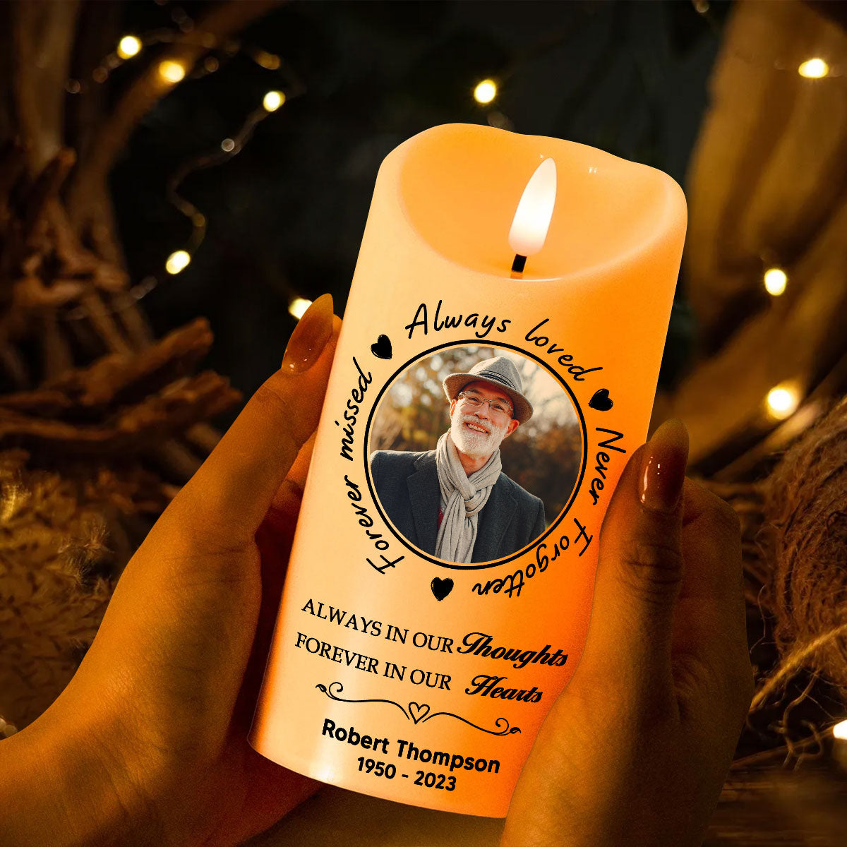 Always Loved Never Forgotten Memorial Personalized LED Candle, Custom Photo Sympathy Gift