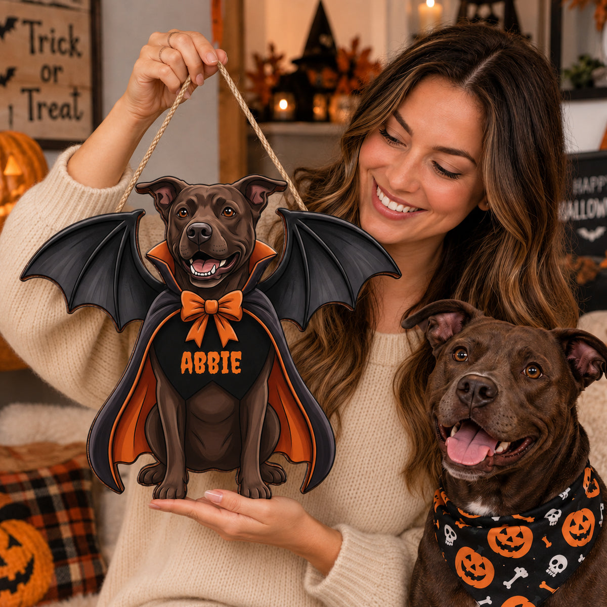 Custom Dog Cat Vampire - Personalized Door Hanger Sign - Spooky Rustic Halloween Porch Decoration