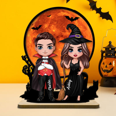 Couple Under Halloween Moon Tabletop Tier Tray Decor Personalized 2-Layer Standing Wooden Plaque