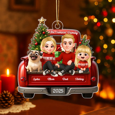 Family Sitting On Christmas Truck Personalized Acrylic Ornament, Christmas Gift for Husband, Wife
