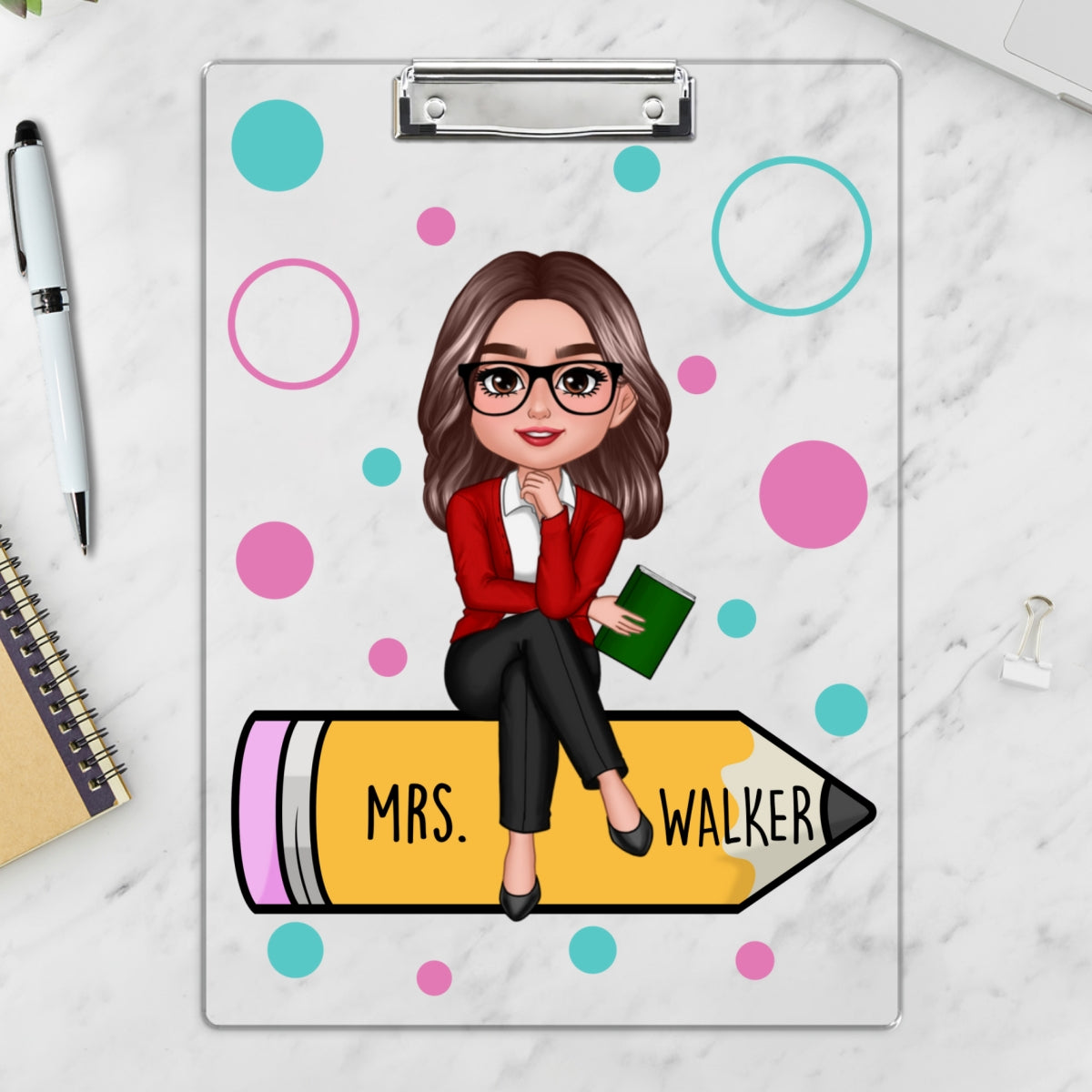 Teacher Sitting On Pencil Appreciation Gift Personalized Clipboard