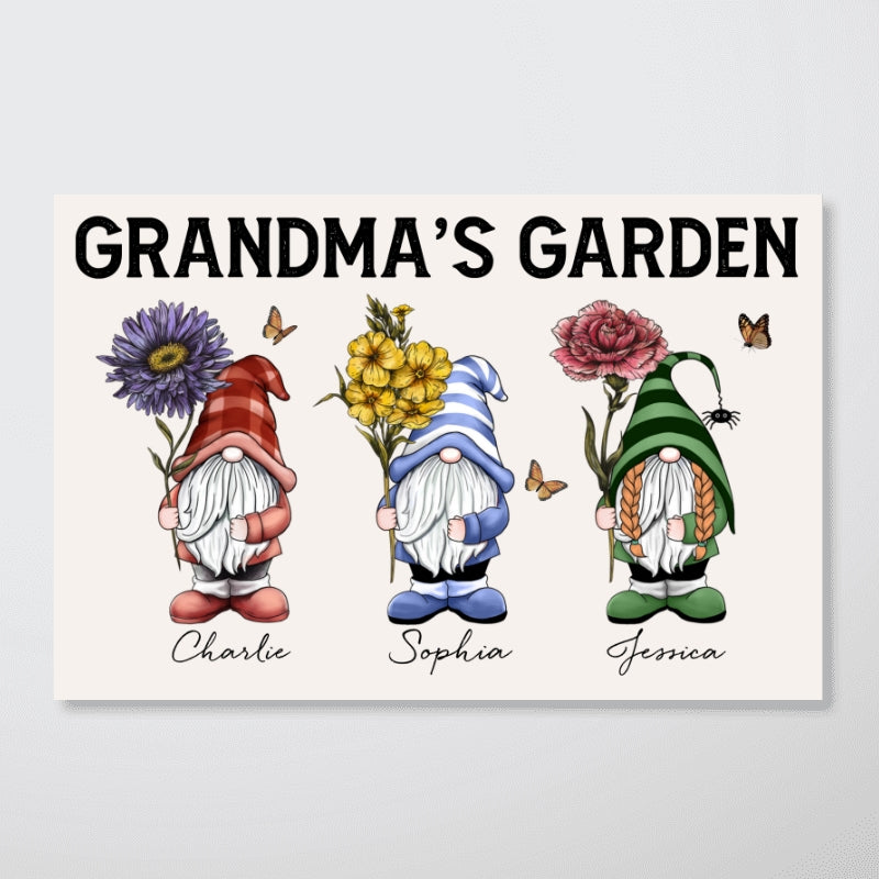 Gift For Grandma Grandma‘s Garden Gnomes With Beautiful Vintage Birth Flowers Personalized Poster