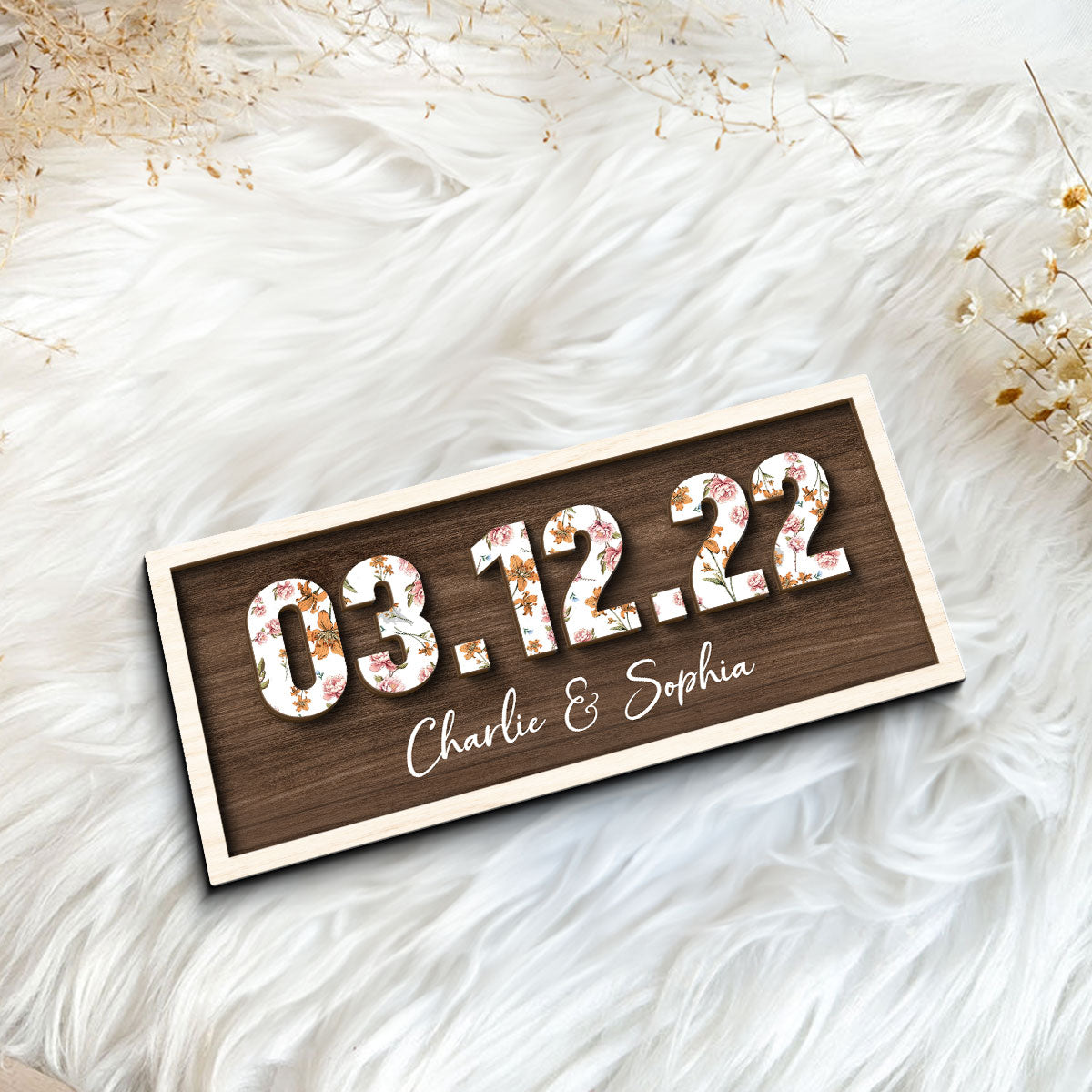 Couple Engagement Wedding Anniversary Special Date Custom Flower Printed 2-Layered Wooden Plaque,  Gift For Her, Gift For Him