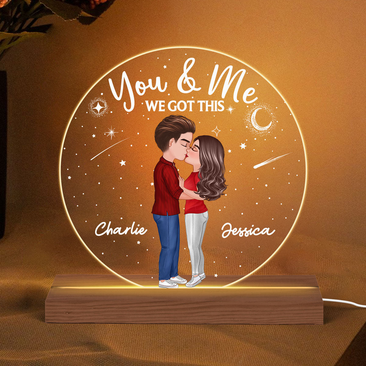 Doll Couple Kissing Personalized Circle Acrylic 7 Color Plaque LED Night Light - Anniversary Gift For Her - Gift For Him