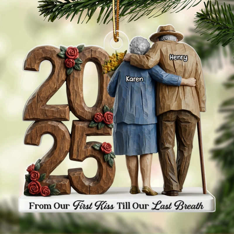 Old Couple Back View Hugging Faux Wood - Personalized Acrylic Ornament - Heartwarming Christmas Gift For Him, For Her, For Couple