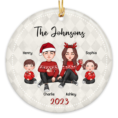 Family Cute Doll Couple Mom Dad Kid Dog Cat Personalized Circle Ornament