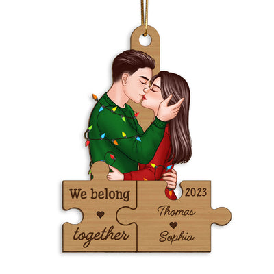 We Belong Together Romantic Couple Kissing Puzzle Pieces Personalized Wooden Ornament