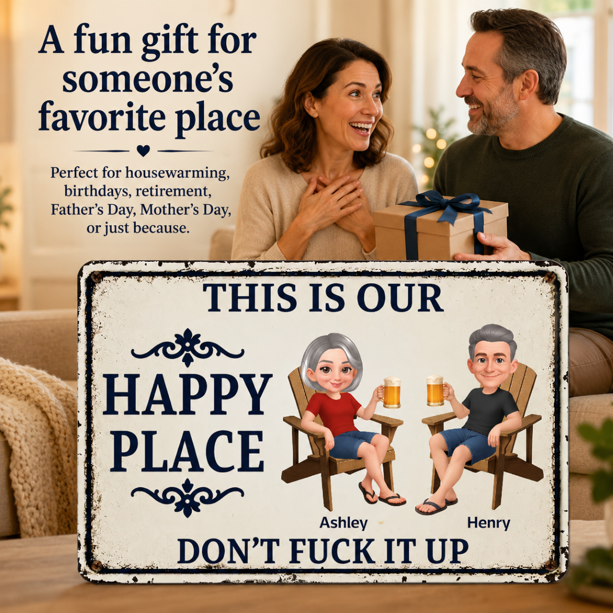 Couple This Is Our Happy Place - Personalized Metal Sign - Funny Sarcasm Decoration For Patio, Garden, Farmhouse Porch, Man Cave, Garage