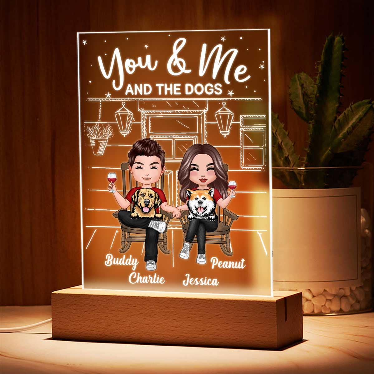 Couple And The Dogs Front Porch Personalized Plaque LED Night Light, Acrylic LED Lamp
