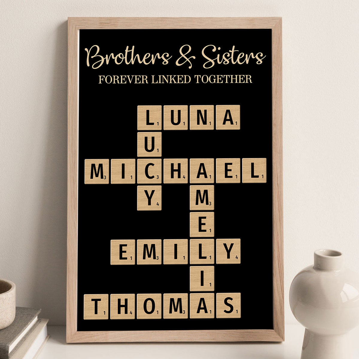 Brothers & Sisters, Forever Linked Together Crossword Puzzle Art Personalized Poster, Gift For Brothers, Sisters, Siblings, Family