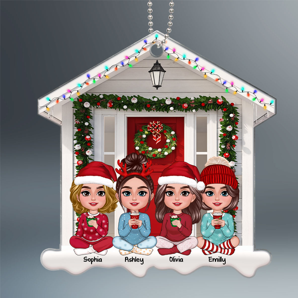 Besties Sisters Sitting Front Door House Shaped Personalized Acrylic Ornament