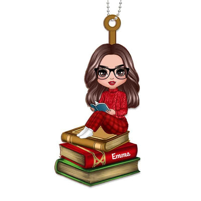 Reading Girls Sitting On Books Personalized Wooden Ornament