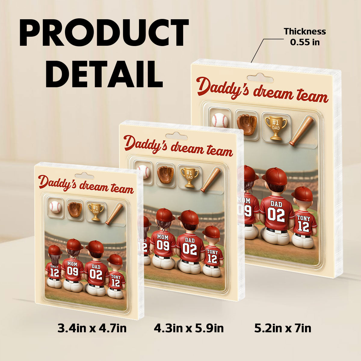 3D Effect Custom Figure Baseball Family Daddy's Dream Team Personalized Rectangle Acrylic Block Plaque