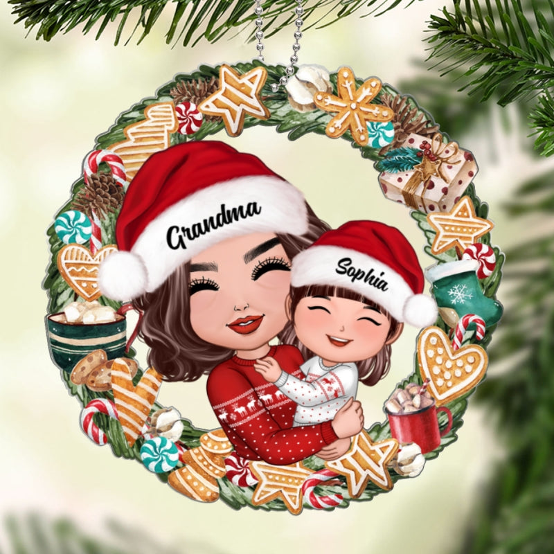 Christmas Wreath Ginger Bread Grandma Hugging Grandkids Personalized Acrylic Ornament