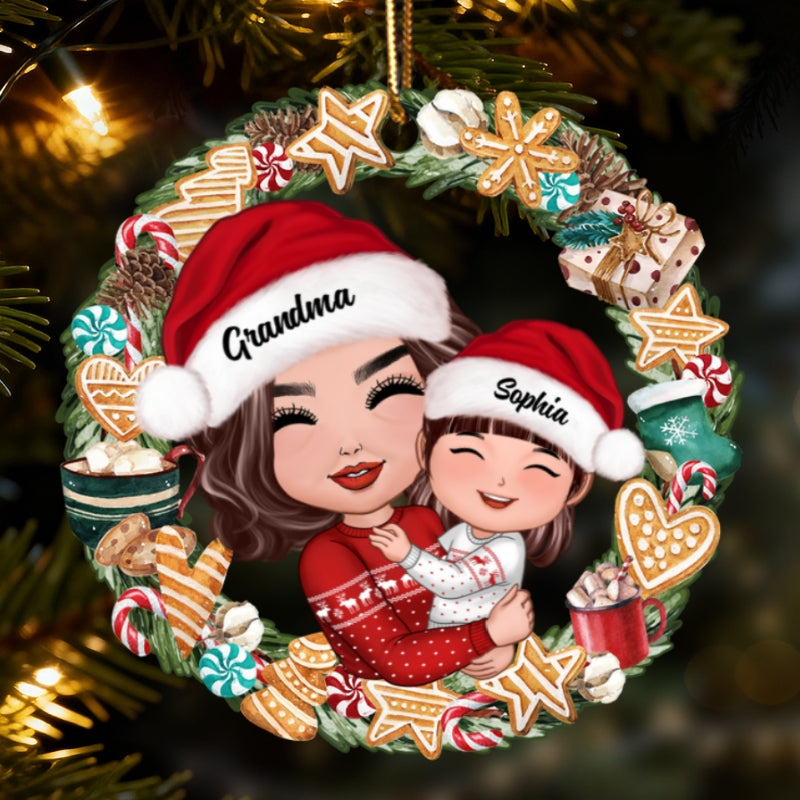 Christmas Wreath Ginger Bread Grandma Hugging Grandkids Personalized Acrylic Ornament