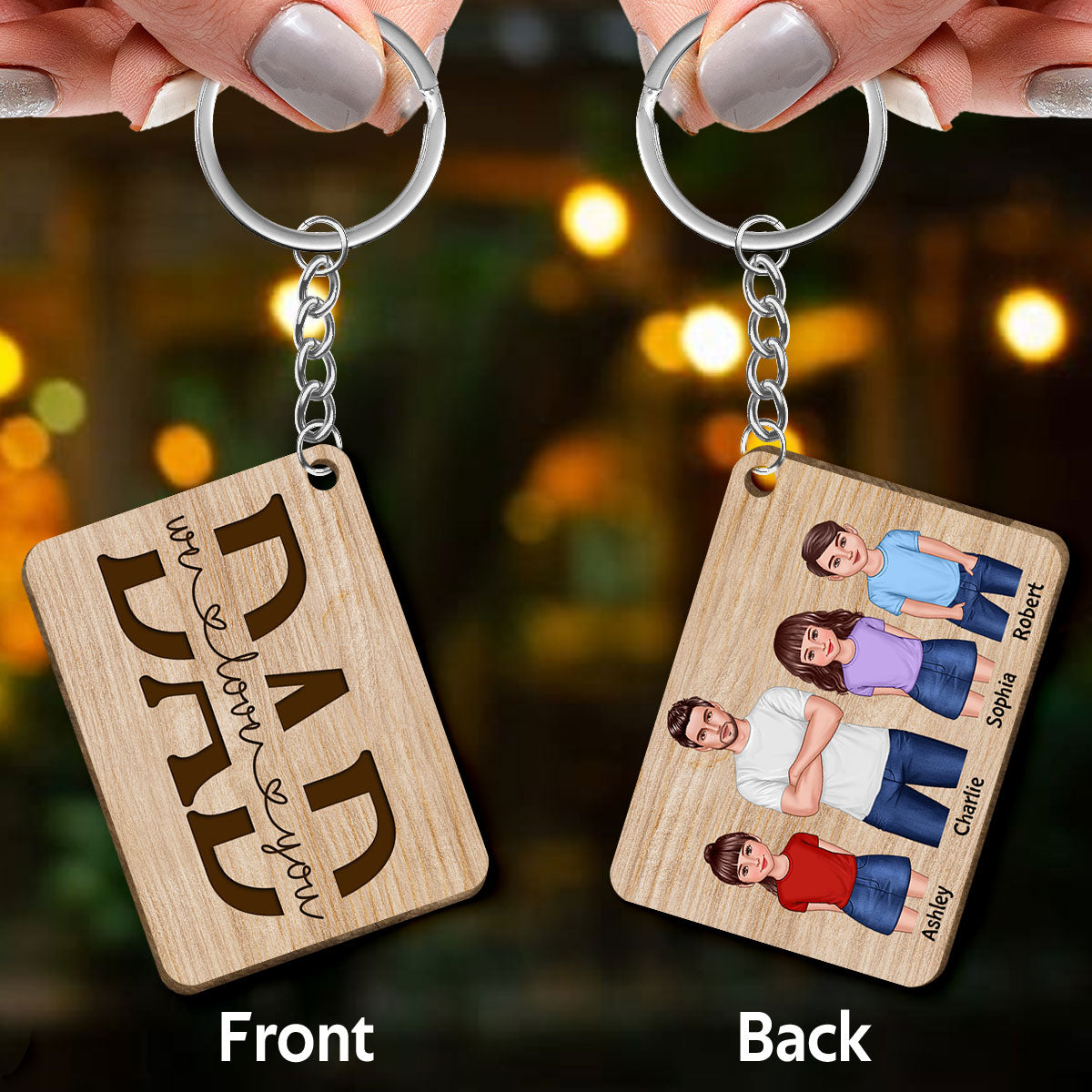Dad And Kids Standing Front View Personalized Wooden Keychain