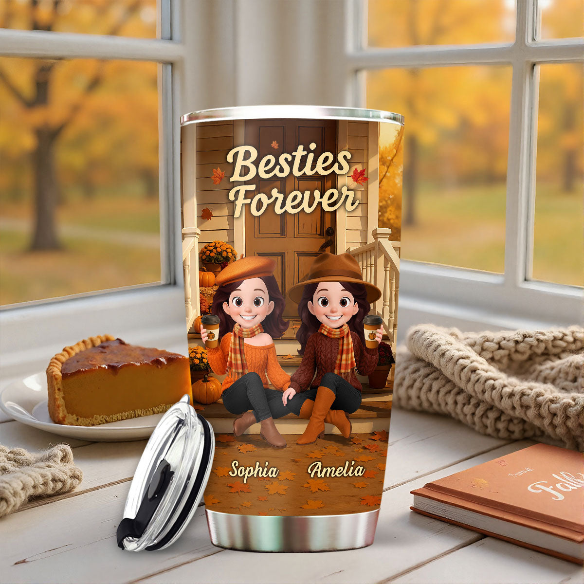 Fall Vibe Besties Sitting On Cozy Theme Front Porch Personalized Tumbler