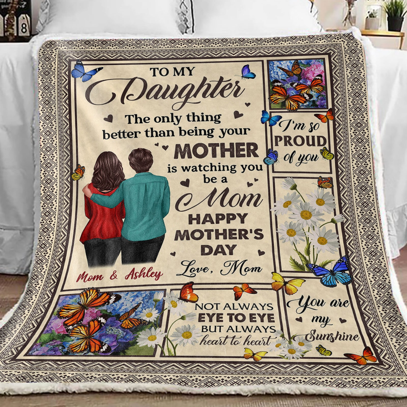 To My Daughter From Mom Happy Mother's Day Butterflies Personalized Fleece Blanket, Gift For Daughter