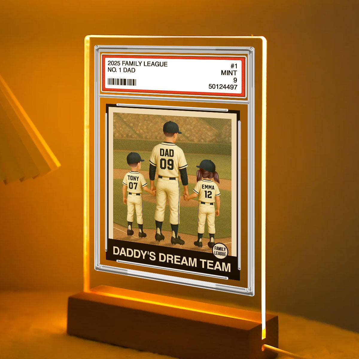 Baseball No. 1 Dad Man & Kids Trading Card Style Personalized Acrylic Plaque With LED Night Light