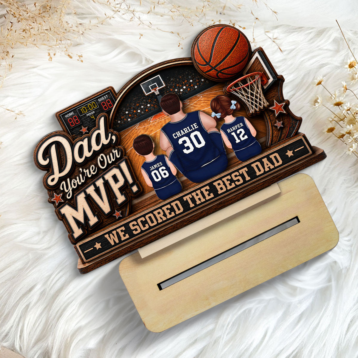 Dad You Are Our MVP Sitting Basketball Man & Kids 2D Flat - Personalized 2-Layered Wooden Plaque - Father's Day Gift For Basketball Dad