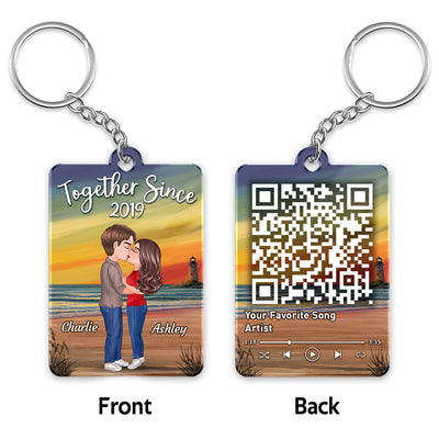 Summer Doll Couple Kissing Sunset Beach Favorite Song Scannable QR Code Personalized Acrylic Keychain
