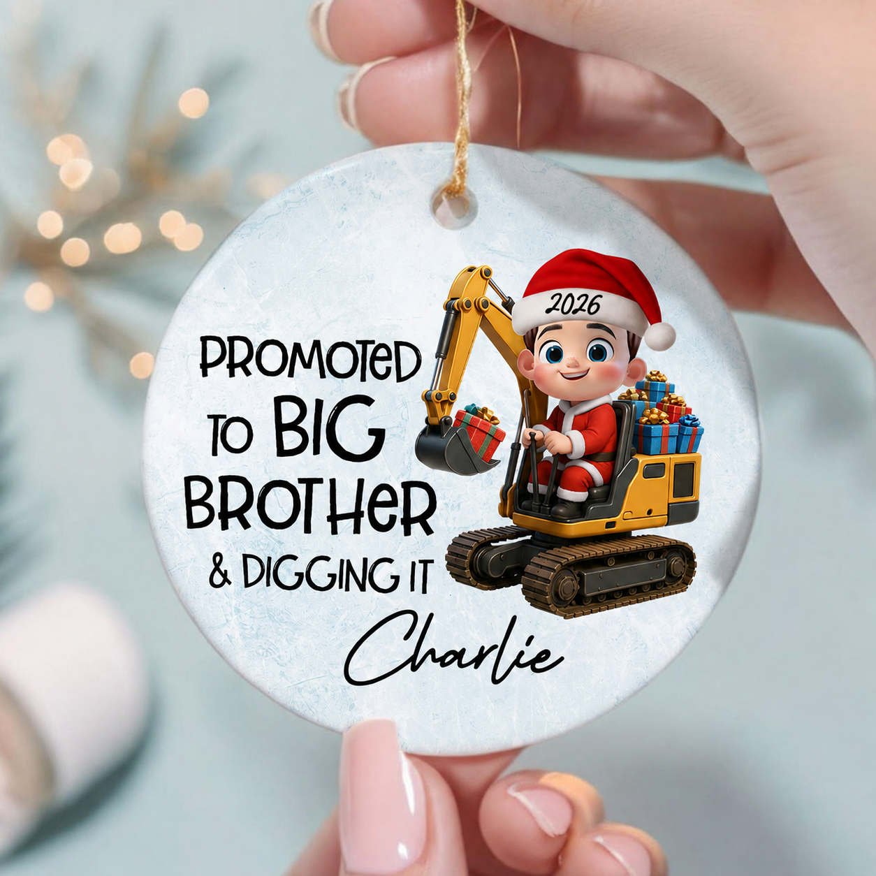 Promoted To Big Brother & Digging It Kid Driving Excavator - Personalized Ceramic Ornament - Proud New Big Brother Gift