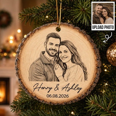 Sketch Style Couple Forever Love Custom Photo - Personalized Wooden Ornament - Christmas Gift, Anniversary Gift For Couple