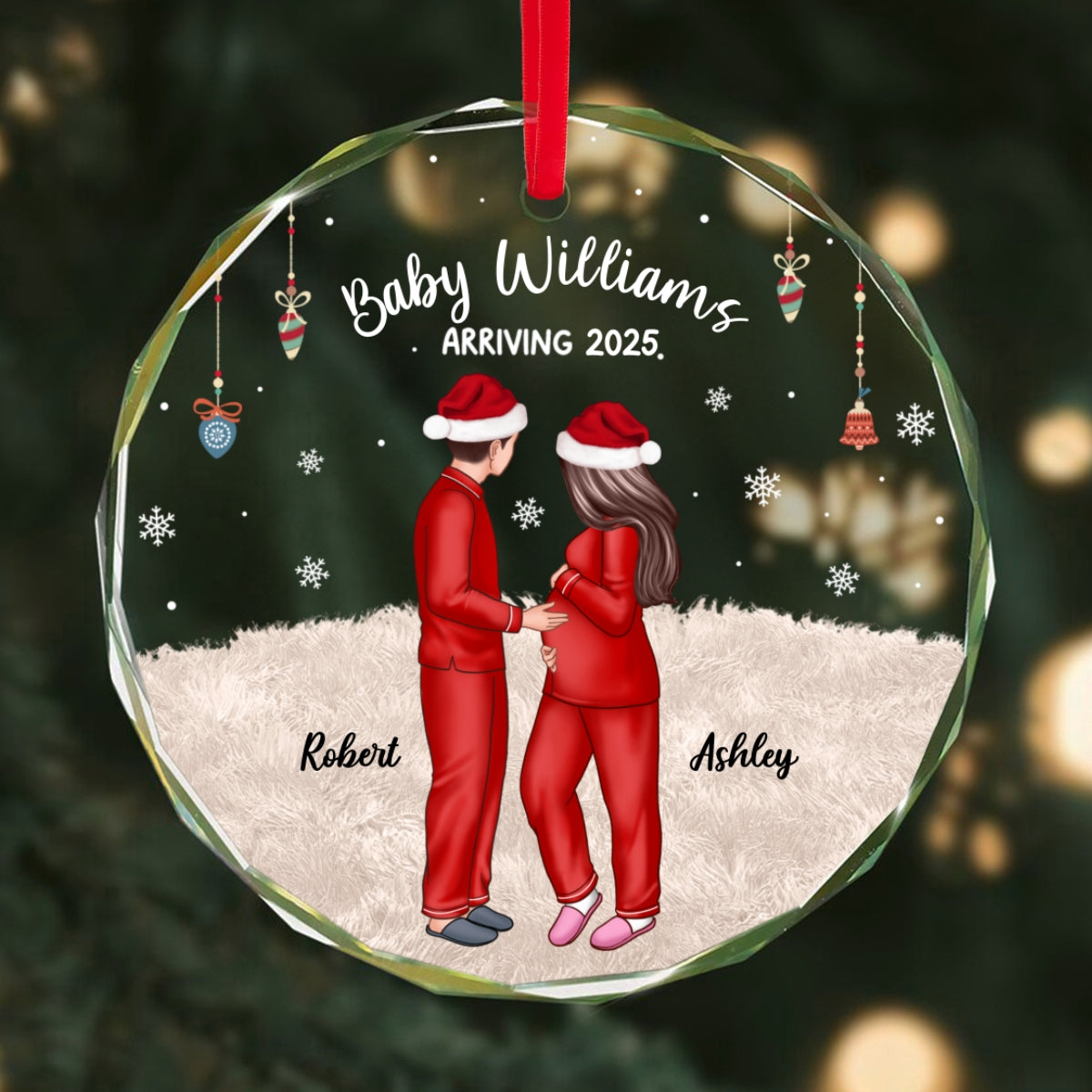 Personalized Pregnancy Ornament, Expecting Family Christmas Personalized Circle Glass Ornament, New Mom Christmas Gift