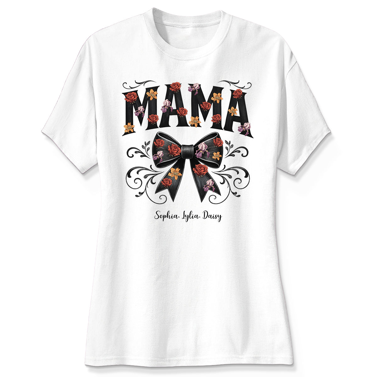 Mama Black Toile Coquette Bow Personalized Shirt, Birth Flower, Trendy Gift for Moms