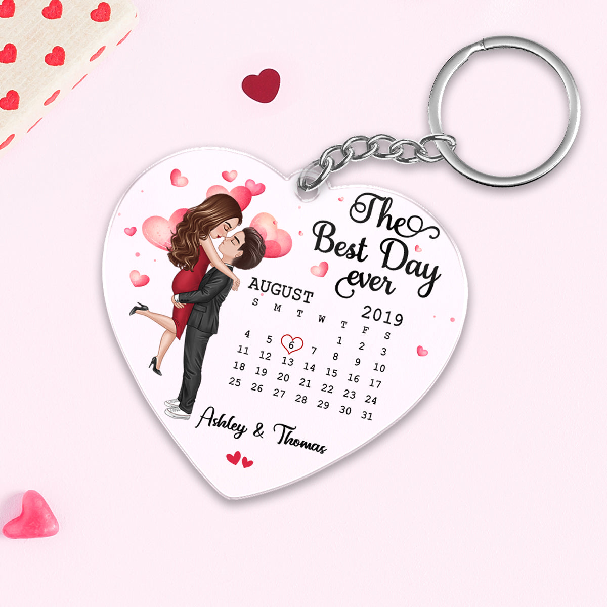 Doll Couple Hugging Kissing Together Since Anniversary Date Calendar Personalized Heart Acrylic Keychain - Gift For Couple - Gift For Him, Gift For Her