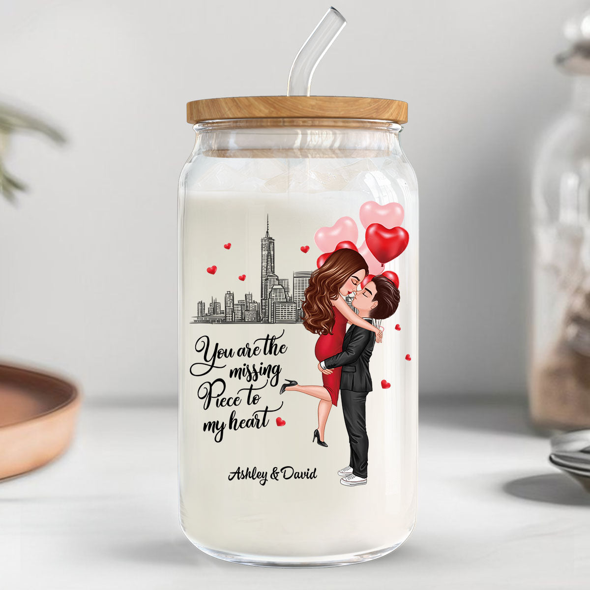 Couple Hugging Kissing You‘re The Missing Piece To My Heart Personalized Clear Glass Can