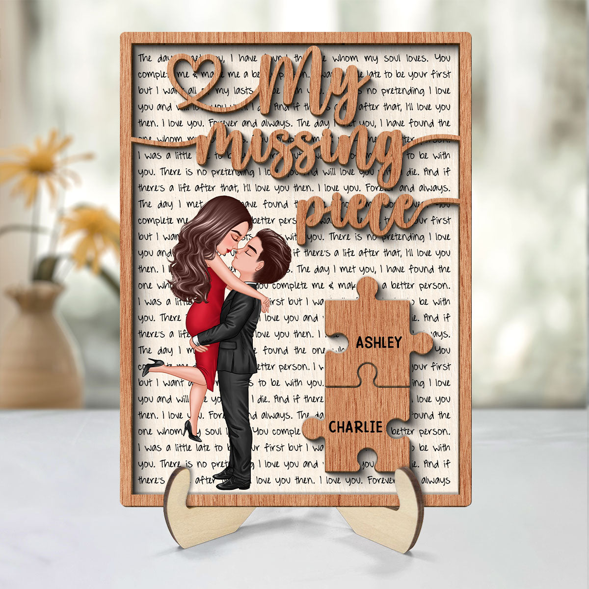 My Missing Piece Couple Letters Background Personalized 2-Layer Wooden Plaque