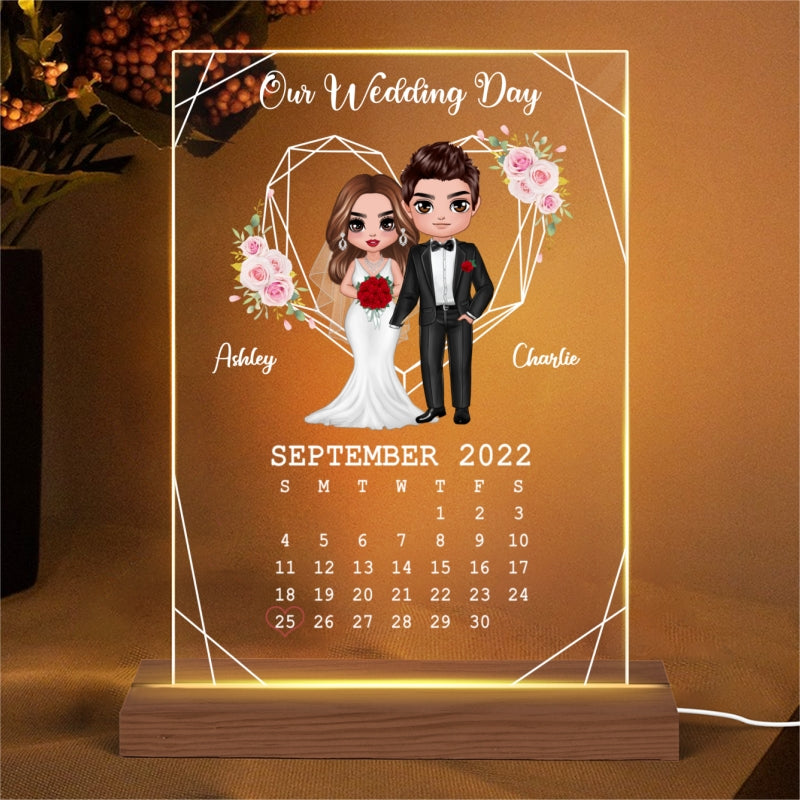 Doll Groom And Bride Personalized Acrylic Plaque LED Night Light - Wedding Anniversary Gift For Couple - Gift For Him - Gift For Her
