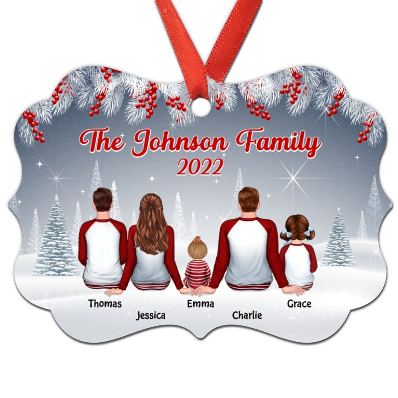 Pajamas Family Sitting In Winter Background Spruce Branch Personalized Christmas Ornament