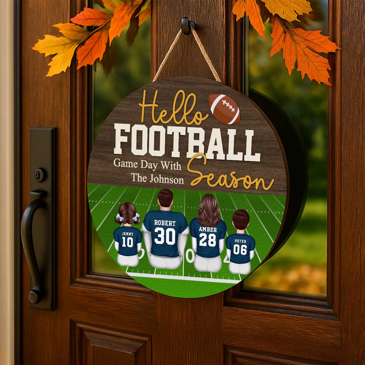 Hello Football Season Personalized Round Door Hanger, Family Fall Decor