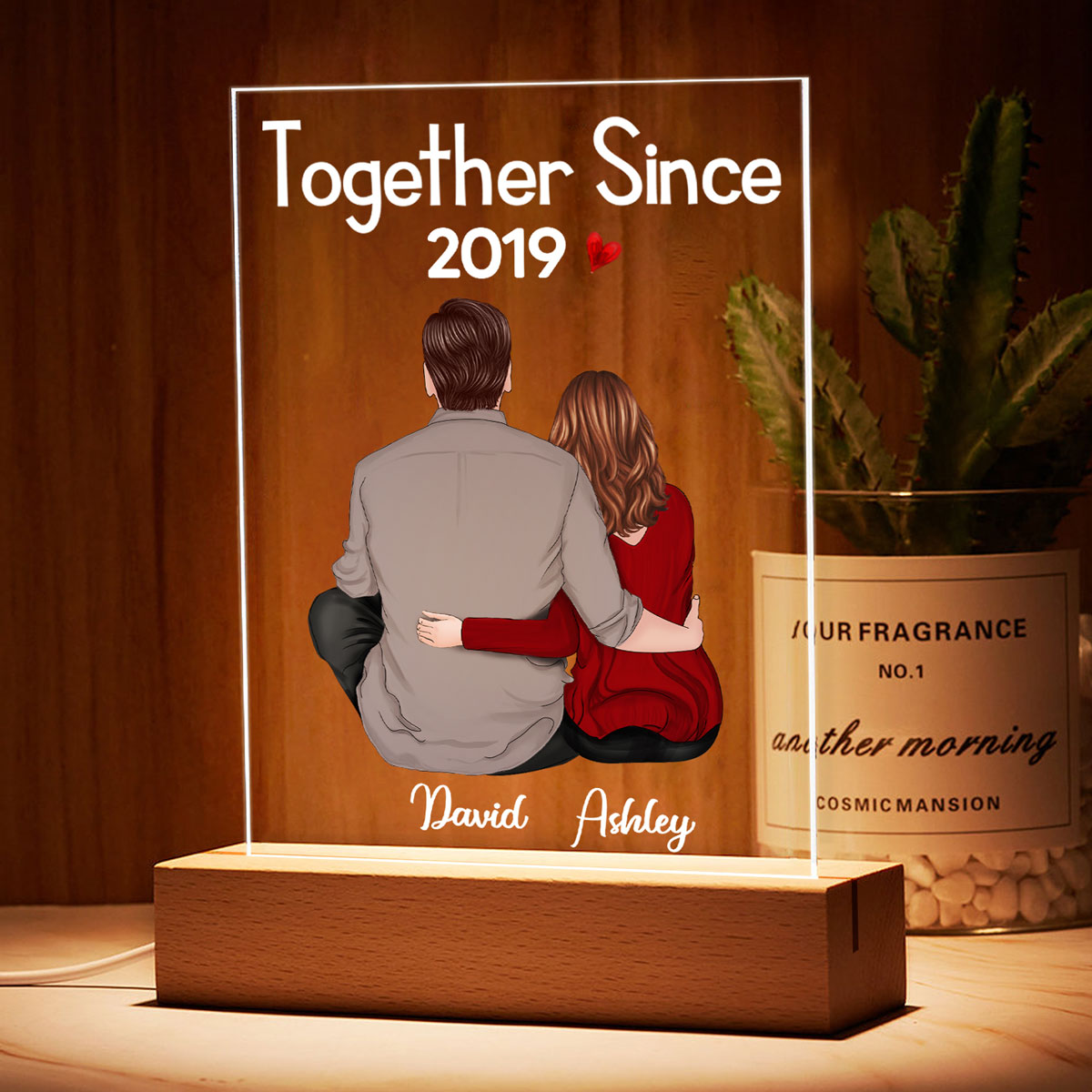 Back View Couple Sitting  Anniversary Gift For Him Gift For Her Personalized Rectangle Acrylic Plaque LED Lamp Night Light