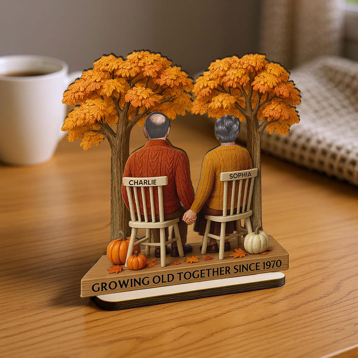 3D Effect Fall Season Back View Couple Growing Old Together Personalized 2-Layer Standing Wooden Plaque