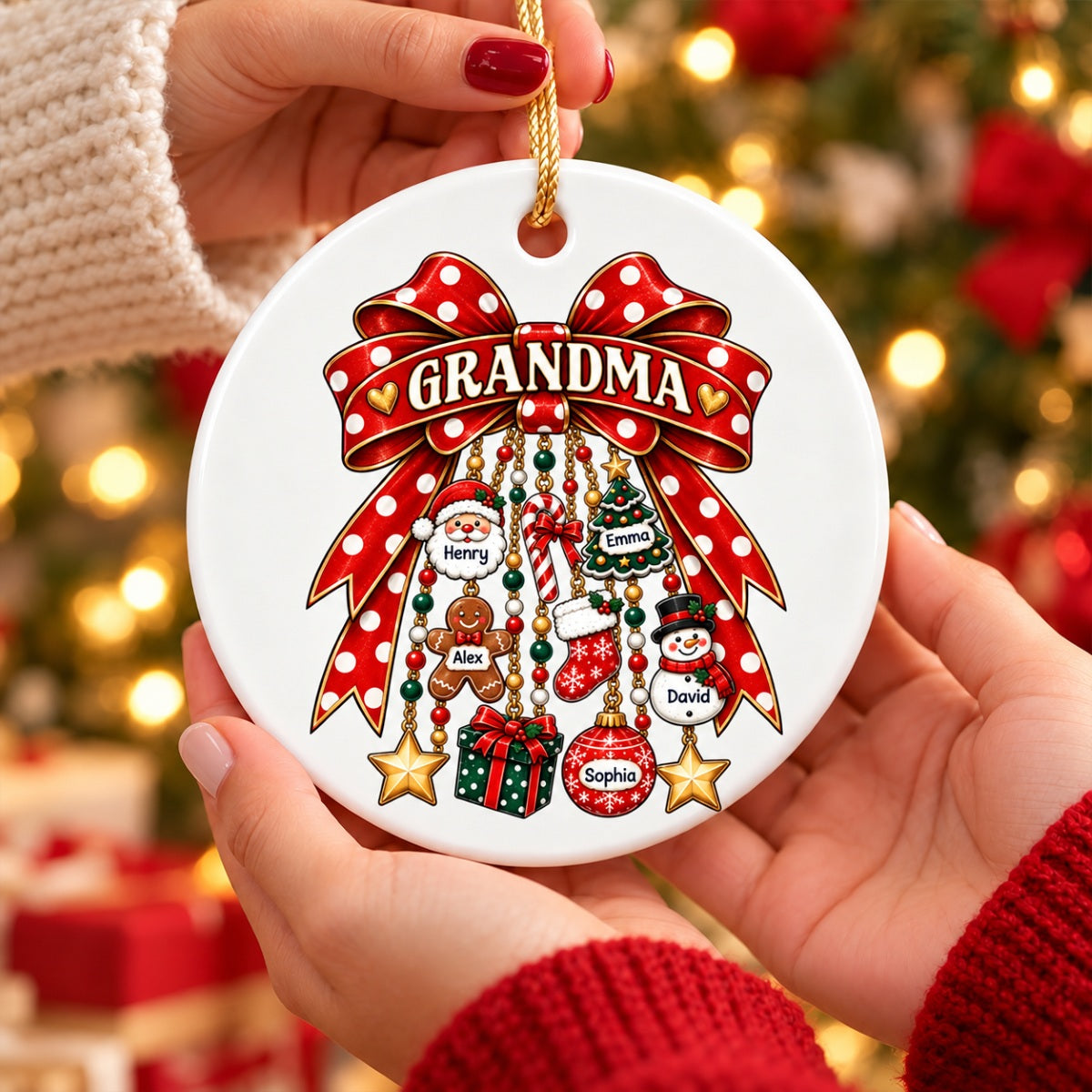 Grandma Retro Christmas Charm Bow - Personalized Ceramic Ornament - Trendy Christmas Ornament for Grandma