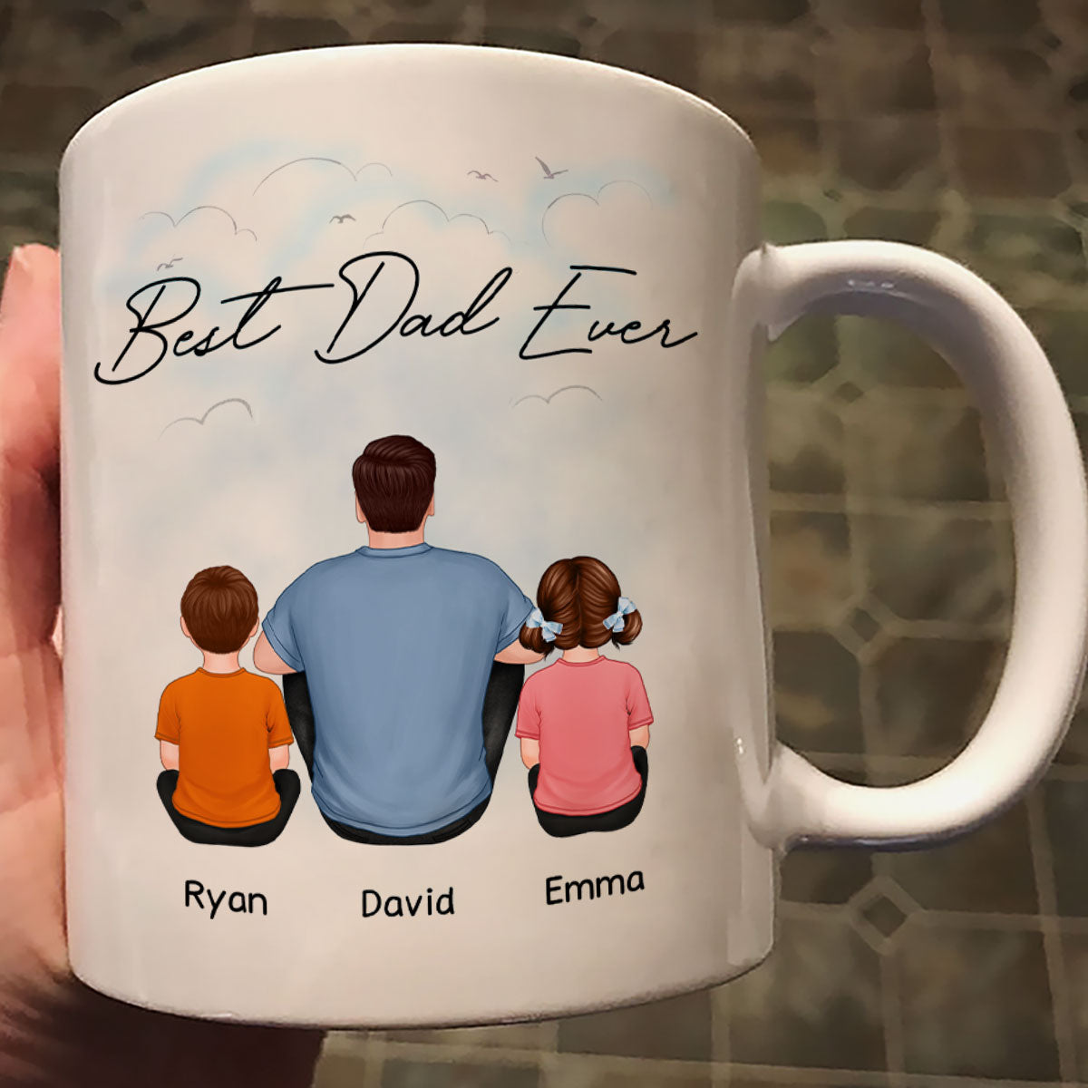 Back View Dad And Kids Dogs Cats Sitting Father‘s Day Gift For Dad Personalized Mug