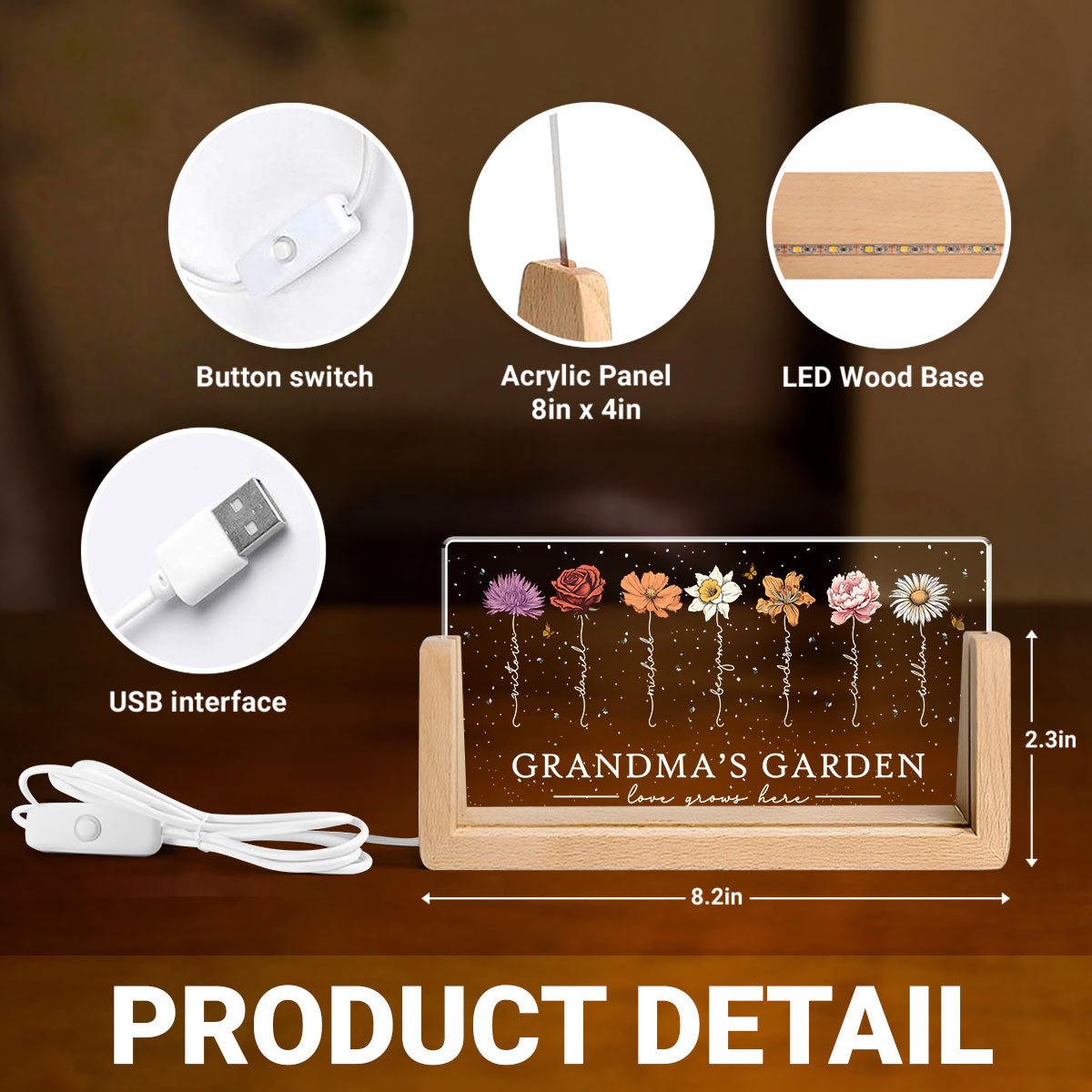 Grandma's Garden Love Grows Here Birthmonth Flowers Personalized U-Base Acrylic LED Night Light, Grandkids Names Floral Gift