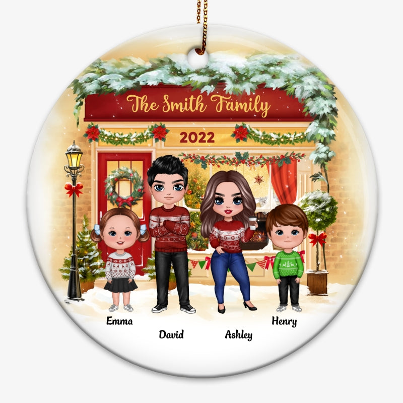 Family Standing On Front Porch Christmas Personalized Circle Ornament