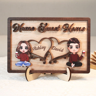 Doll Couple Sitting Home Sweet Home Valentine‘s Day Gift Personalized 2-Layer Wooden Plaque