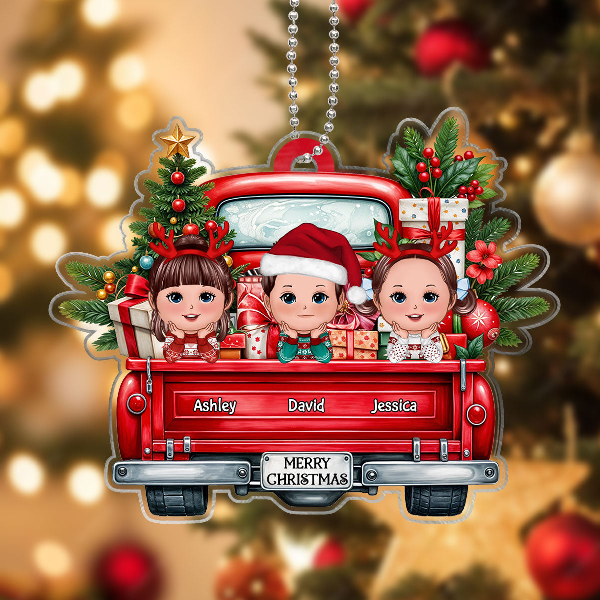 Merry Christmas Grandkids On Truck Personalized Acrylic Ornament, Christmas Gift For Granddaughter Grandson Grandkid From Grandma