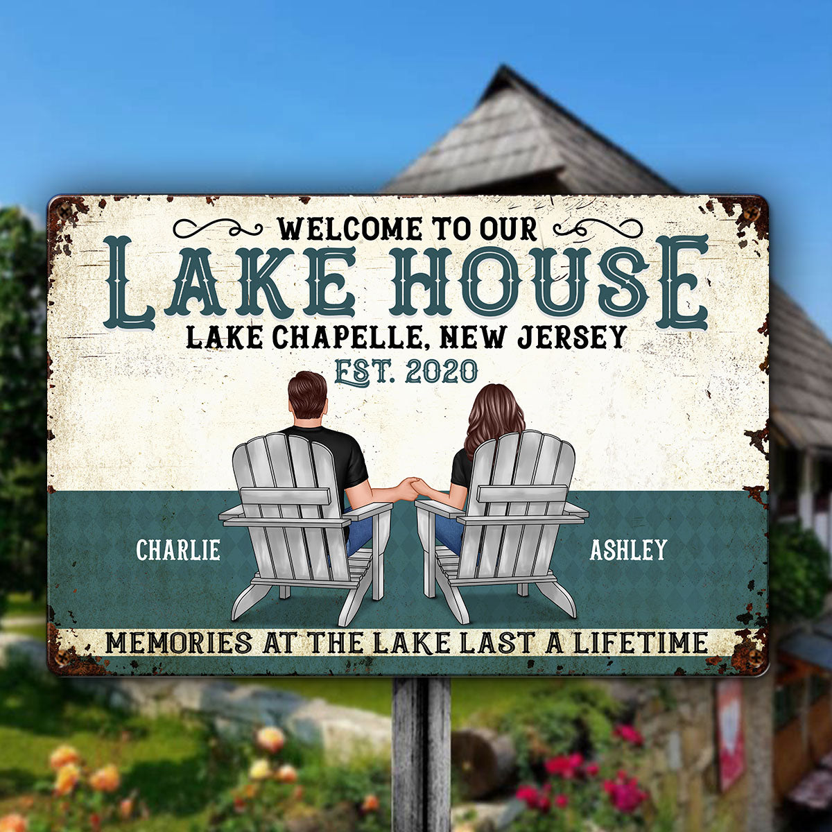 Welcome To Our Lake House Back View Couple Personalized Metal Sign