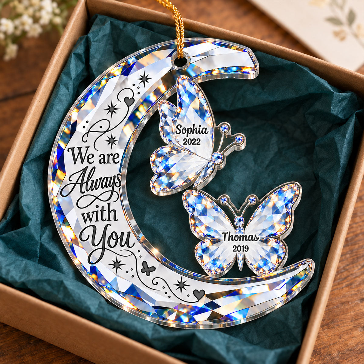 Moon And Butterfly Crystal Effect - Personalized Acrylic Ornament - Memorial Sympathy Gift